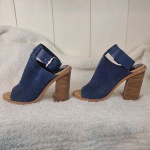 Marc Fisher Vashi Blue Suede Ankle Strap Block Heel Sexy Casual Sandal 7.5
